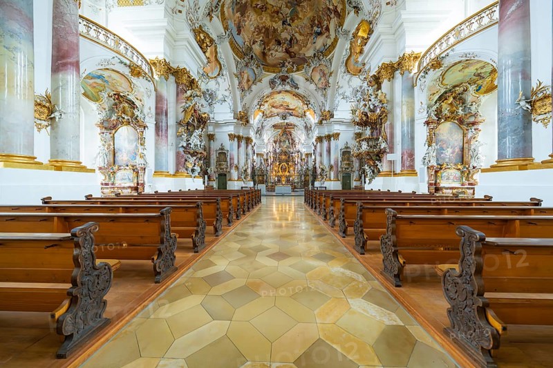 Baroque church interior with artfully painted ceilings and decorated benches, ZFP Zwiefalten, Reutlingen district, Germany