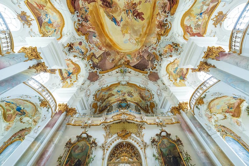 Beautifully decorated church ceiling in Baroque style with detailed frescoes and golden ornaments, ZFP Zwiefalten, Reutlingen district, Germany