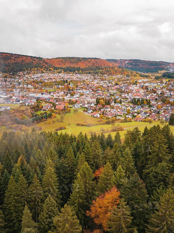 Autumn forest landscape with view of a city surrounded by colorful vegetation and hills under cloudy sky, Wehingen, Tuttlingen district, Germany