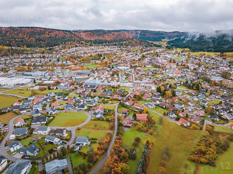 Spacious village surrounded by autumn landscape, photographed from the air, Wehingen, Tuttlingen district, Germany