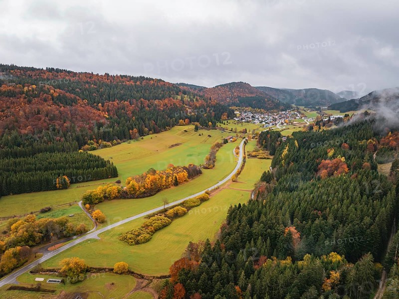 Autumn valley with colorful trees and meadows, crossed by a road and surrounded by mountains, Wehingen, Tuttlingen district, Germany
