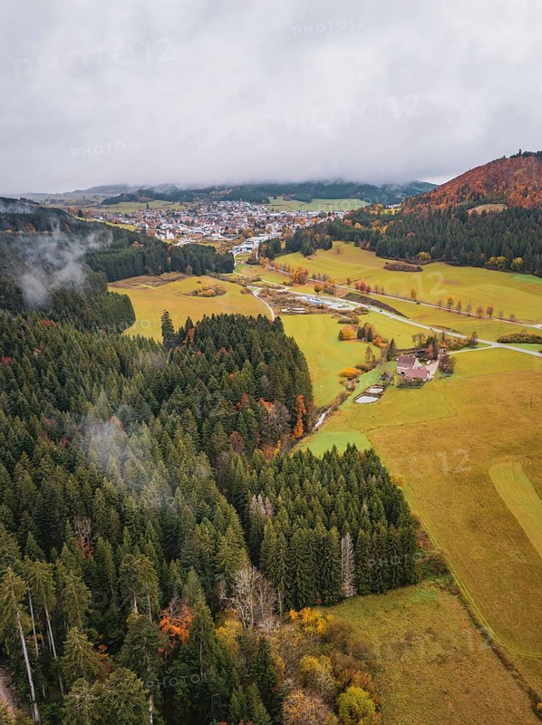 Wide landscape with forest and autumnal hills hidden under thick fog, Wehingen, Tuttlingen district, Germany