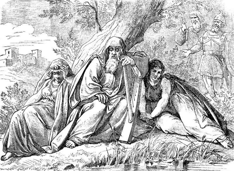 Review of the time of whining in Babel, The Psalter, psalm 137, Babylonia, harp, Zion, song, God, tongue, grief, reflection, suffering, melancholy, shore, destruction, sitting, lying, leaning on, tree trunk, burden, fatigue, Old Testament, Bible, historical illustration 1877