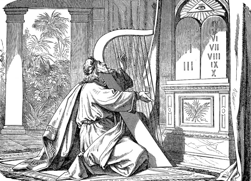 King David's request, Lord, bow your ears and hear me, for I am wretched and poor, The Psalter, Psalm 86, playing the harp, 10 Commandments of Moses, eye, palm garden, pillars, Old Testament, Bible, historical illustration 1877