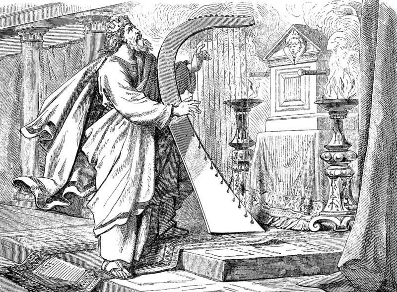 Song of thanks after King David Victory and Return, The Psalter, Psalm 21, playing the harp, altar, oil lamps, smoke, pillars, carpet, curtain, looking up, Old Testament, Bible, historical illustration 1877