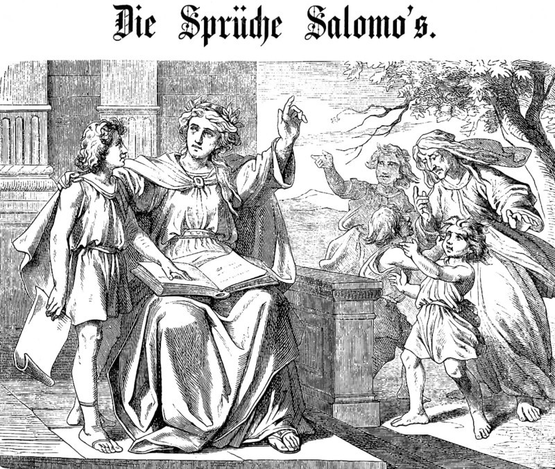 Wisdom calls and warns, emphatic warning against seduction, The sayings of Solomon, chapter 1, King of Israel, son of David, discipline, reason, prudence, justice, right and evil, wise, wise, foolishness, teaching of the wise, nefarious, father, mother, children, book, porch, index finger, learn, headline, Old Testament, Bible, historical illustration 1877