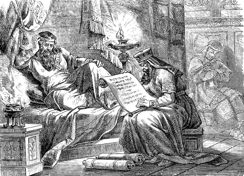 King Ahasuerus has the history books read aloud to him, The Book of Esther, chapter 6, Esther, history, book, scroll, couch, oil lamp, bed, priest, incense, sleeping servant, Old Testament, Bible, historical illustration 1877