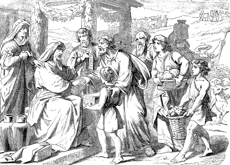 Job's renewed prosperity, everyone gave him a nice penny and a golden headband, The Book of Job, chapter 42, God, forgive, suffering, end, guests, visit, gifts, money, gold, baskets, fruit, fruits, Old Testament, Bible, historical illustration 1877