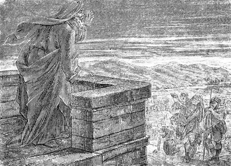 Warden, is the night over soon? The Prophet Isaiah, chapter 21, mountain landscape, morning, darkness, questions, tower, people, Arabia, Babel, God of Israel, Old Testament, Bible, historical illustration 1877