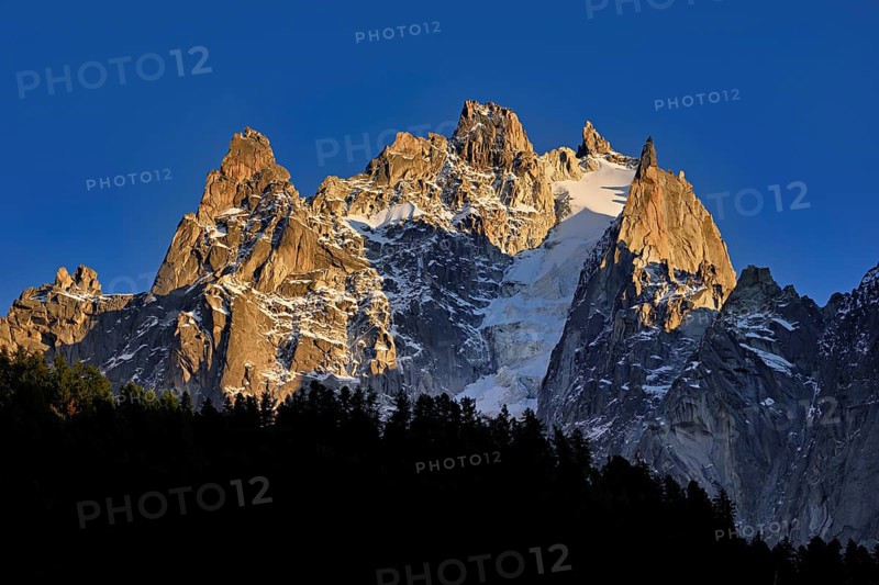 Mountains from the left, Dent du Caïman, Dent du Crocodile, Aiguille du Plan, in the light of the setting sun, Chamonix-Mont-Blanc, Haute-Savoie, Italian watershed, France