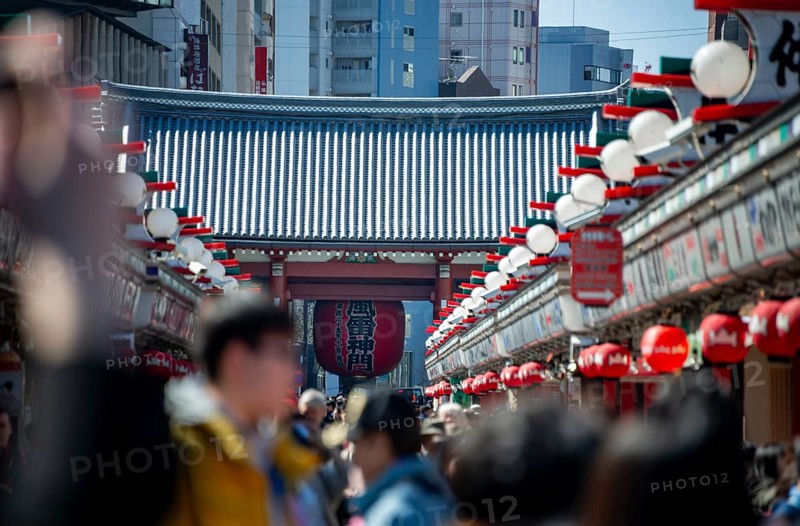 View of numerous visitors on Nakamise-dori shopping street at the Thunder Gate Kaminarimon of Asakusa Shrine or Senso-ji Temple, blooming cherry trees, Buddhist temple complex, Asakusa, Tokyo, Japan