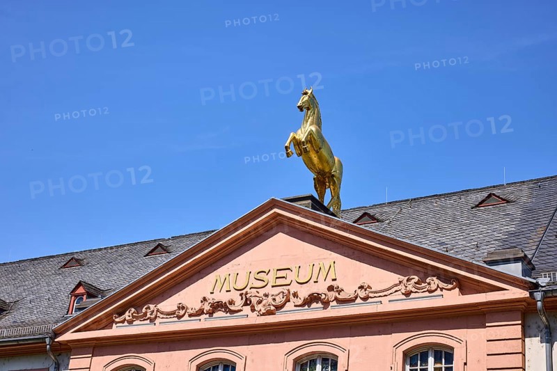 Mainz State Museum, Museum of Cultural History, Art Museum, Marstall, Historic Building, Baroque and Classicism Architectural Style, Ornaments, Figure, Horse Sculpture, Gable Roof Covered with Slate, Window, Dormer, Blue Sky, Cloudless, Große Bleiche, Mainz, State Capital, County-Free City, Rhineland-Palatinate, Germany