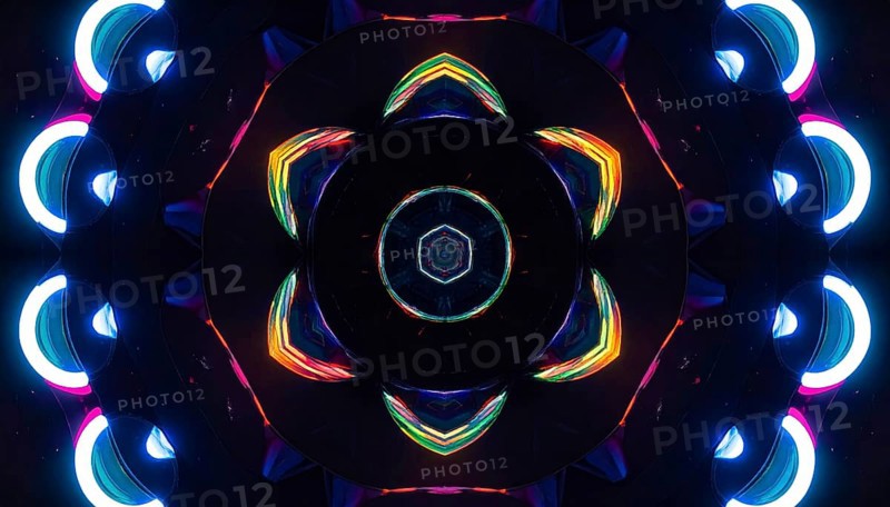 Abstract background of slightly unfocused multicolored glass lenses spinning and rotating, wallpaper illustration in vibrant neon colors, mandala background for business, textures and pattern, AI generated
