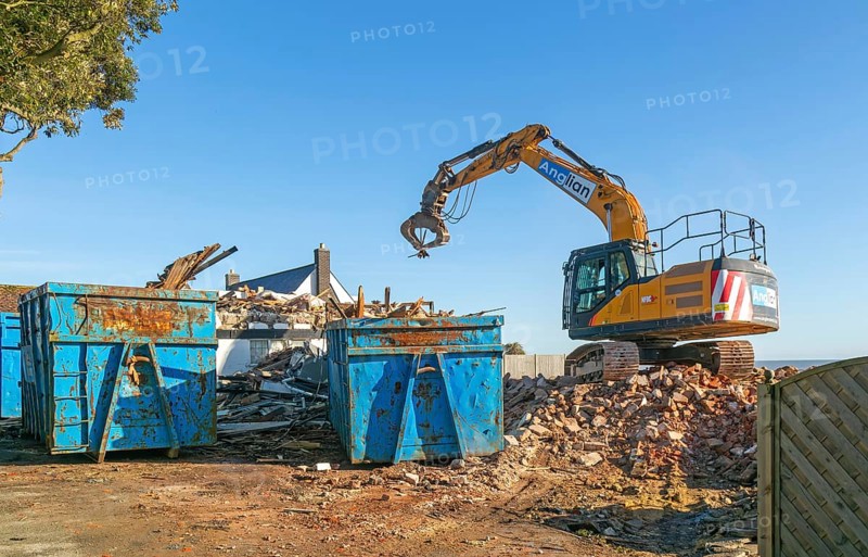Demolition of Jean Flick's house, The Warren, Thorpeness, Suffolk, England, UK due to rapid coastal erosion of the North Sea coast, October 2025