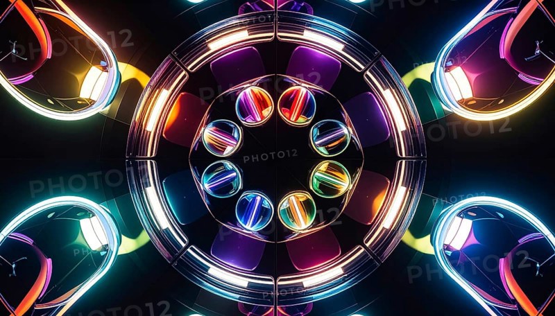 Abstract background of slightly unfocused multicolored glass lenses spinning and rotating, wallpaper illustration in vibrant neon colors, mandala background for business, textures and pattern, AI generated