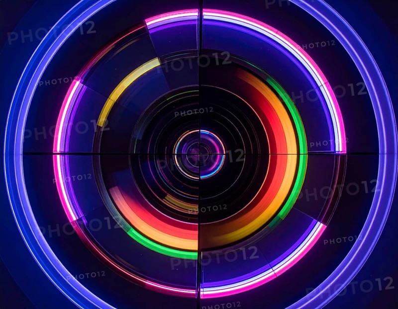 Abstract background of slightly unfocused multicolored glass lenses spinning and rotating, wallpaper illustration in vibrant neon colors, mandala background for business, textures and pattern, AI generated