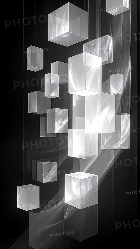 Abstract animation, glass cubes on black background, modern business wallpaper illustration, AI generated