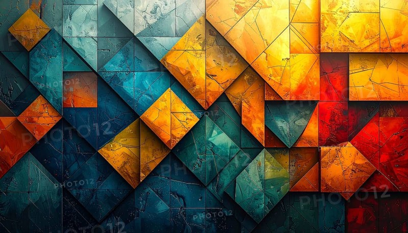 Abstract modern template, geometric effect stylized as mosaic tile, vibrant colorful business wallpaper illustration, pattern and textured geometric forms, wall art poster design, AI generated