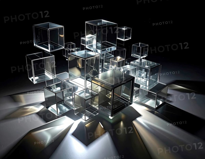 Abstract animation, glass cubes on black background, modern business wallpaper illustration, AI generated