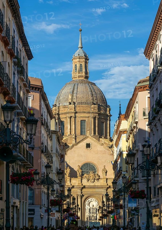 View of Basilica of Our Lady of the Pillar cathedral church from Calle de Alfonso I, Zaragoza, Aragon, Spain