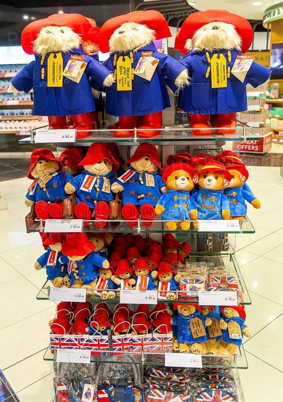 Paddington Bear toys on display, shopping area in departures lounge area, Terminal 5, London Heathrow airport, London, England, UK