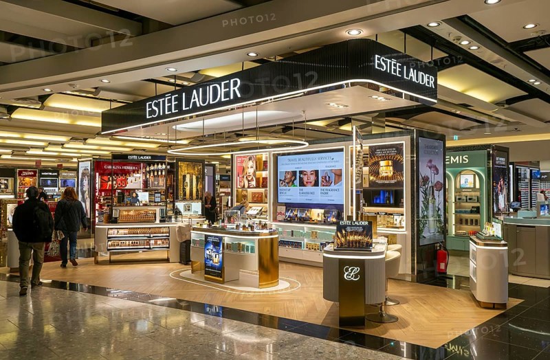 Estée Lauder brands on display Duty Free shopping area in departures lounge area, Terminal 5, London Heathrow airport, London, England, UK