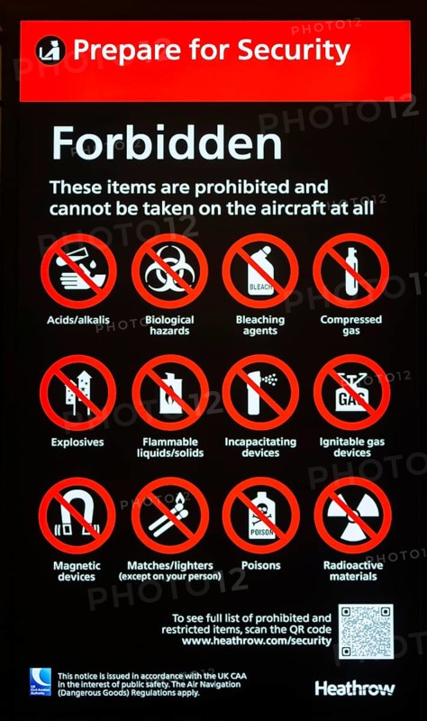 Forbidden items prepare for security electronic notice, Terminal 5 London Heathrow airport, London, England, UK