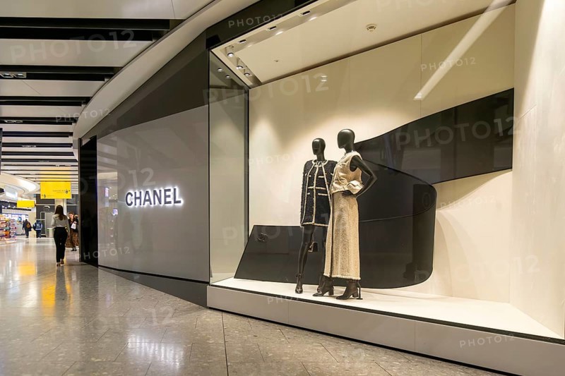 Chanel shop brands on display Duty Free shopping area in departures lounge area, Terminal 5, London Heathrow airport, London, England, UK
