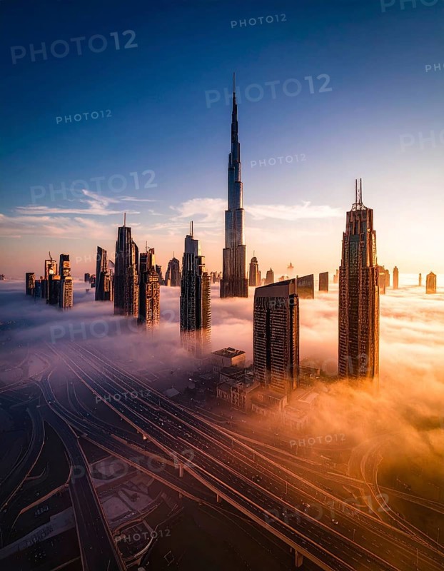 City scape emerging from a dense enveloping fog in sunrise and skyscrapers piercing the haze, big metropolis with skyline, mist on ground, blue sky, city in an aerial view, AI generated