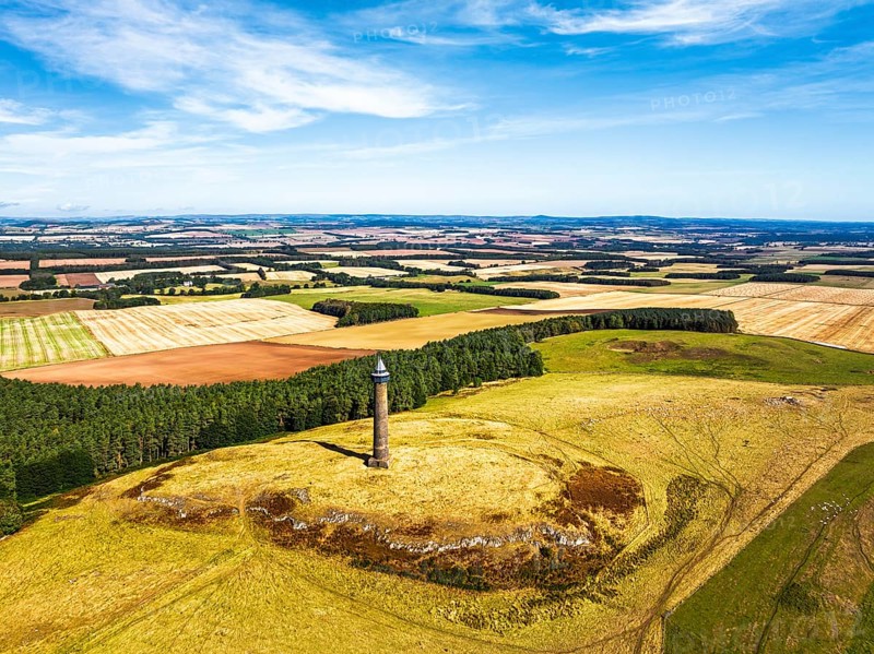 Waterloo Monument over Scottish fields and farms from a drone, Jedburgh, Scotland, UK