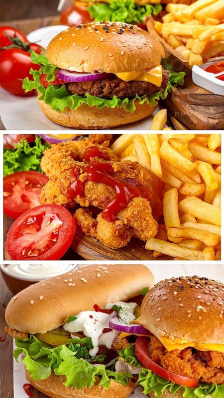 Collage of various fast food meals. beagles, hamburger, cheeseburger, french fries and a view green salad pieces, unhealthy lifestyle, symbol for bad nutrition, wallpaper illustration for banner or template background, AI generated