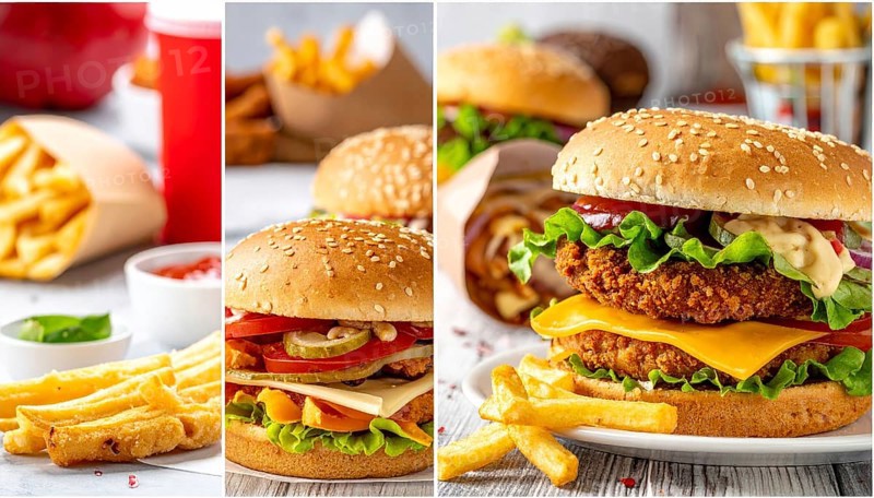 Collage of various fast food meals. beagles, hamburger, cheeseburger, french fries and a view green salad pieces, unhealthy lifestyle, symbol for bad nutrition, wallpaper illustration for banner or template background, AI generated