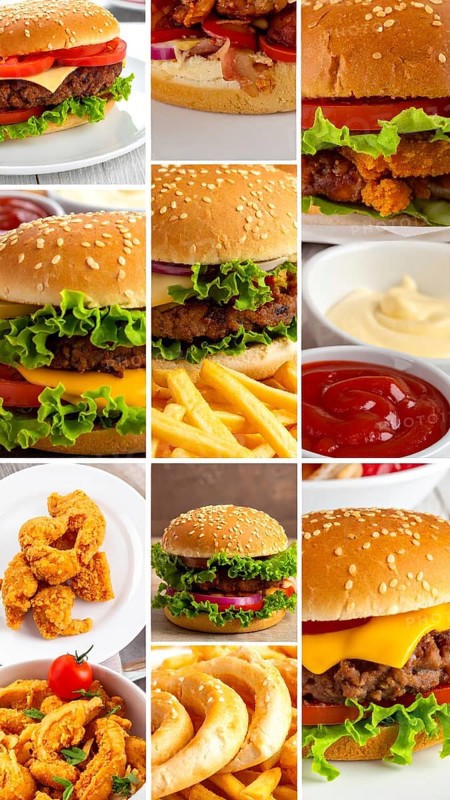 Collage of various fast food meals. beagles, hamburger, cheeseburger, french fries and a view green salad pieces, unhealthy lifestyle, symbol for bad nutrition, wallpaper illustration for banner or template background, AI generated