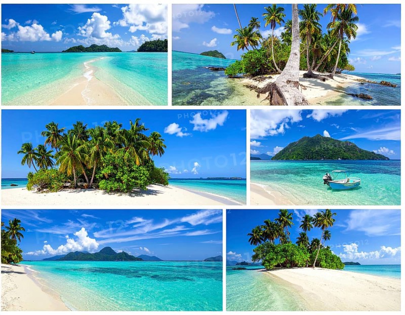 Collage of tropical islands with beach and palm trees, paradise with blue cloudy sky, turquoise water, green plant, sandy shore, wallpaper illustration, template or banner for ecology, sustainability, landscape and travel, AI generated