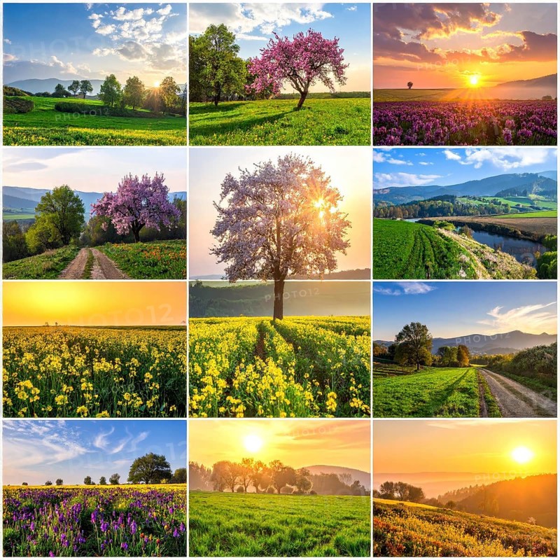 Collage of spring and summer landscapes, blooming flowers, green meadows and trees, hilly landscape with mountains, blue cloudy sky with sunrise or sunset, wallpaper illustration for banner or template background, AI generated