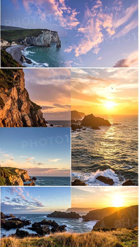 Collage of coastal landscapes with cliffs and shore break, spectacular nature, cloudy sky with beautiful sunset or sunrise, variety of travel destination for road trip or hiking, wallpaper illustration for banner, poster or template, AI generated