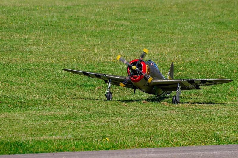 An RC model of a Republic P-47 Thunderbolt during a demonstration as part of an air show at the Fliegerbergfest of the Rossfeld Luftsportverein in Metzingen-Glems, Baden-Württemberg, Germany, for editorial use only