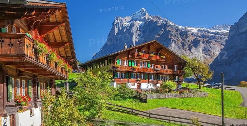 Typical Oberland farmhouses with Wetterhorn 3690m in autumn, Grindelwald, Lütschinental, Bernese Oberland, Canton of Bern, Switzerland