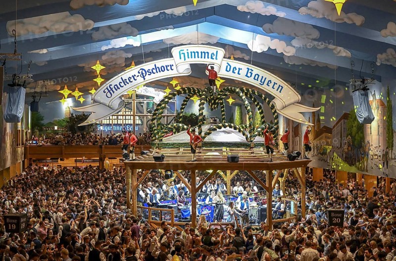 Hacker-Pschorr festival tent, Bavarian sky, interior view, Oktoberfest, Munich, Bavaria, Germany