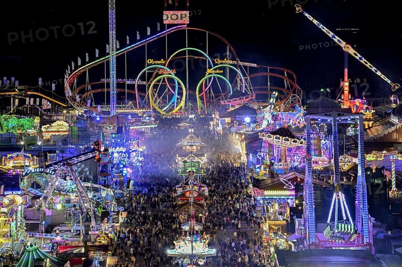 View of Oktoberfest from St. Paul's Catholic Church, Blue Hour, Munich, Bavaria, Germany