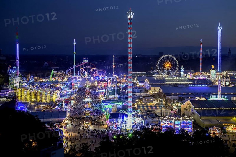 View of Oktoberfest from St. Paul's Catholic Church, Blue Hour, Munich, Bavaria, Germany