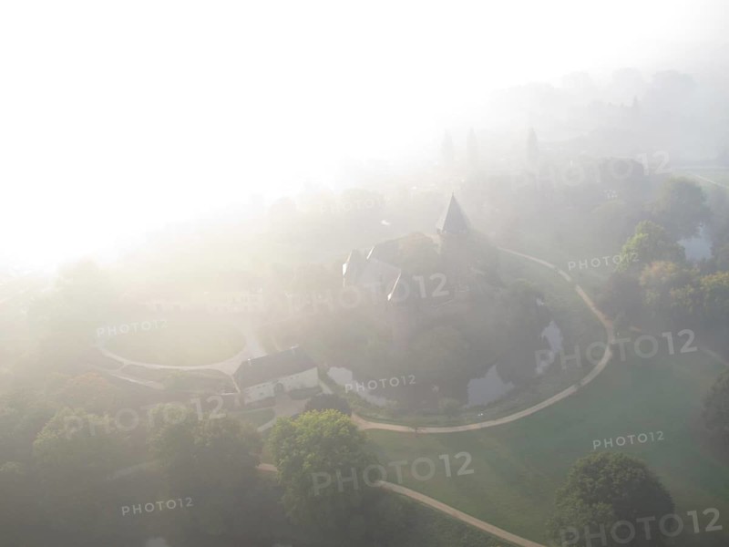 Aerial view of Linn Krefeld Castle in fog, North Rhine-Westphalia, Germany