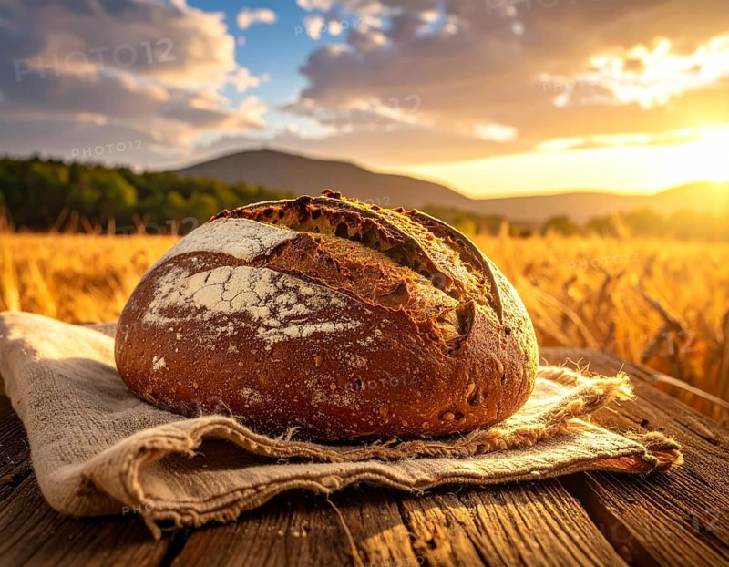 Rustic loaf of whole grain bread, fresh baked, close up of bread on dark wooden table, golden rust, soft lighting with blurred background, symbol for bakery and agriculture, healthy eating background, AI generated