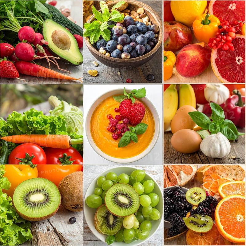 Food collage of various biological and organic fruits and vegetables, fresh healthy lifestyle, with a variety of vitamins, citrus fruits, green and red organic vegetables, kiwi, bananas, apple, avocados, tomatoes and green salad, symbolic background illustration for banner, template or wallpaper, AI generated