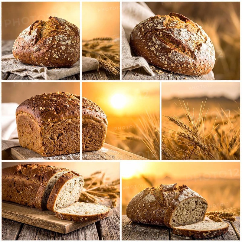 Collage of rustic loaf of whole grain bread, bread on dark rustic wooden table, great variety of grain and whole wheat bread, illustration wallpaper for bakery and healthy food lifestyle, AI generated
