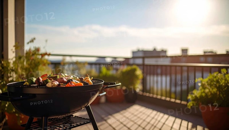Cooking vegetables on grill on the balcony, healthy lifestyle, vegetarian barbeque, leisure time in summer, suburban setting with blurred background, soft golden light of evening, blue sky, AI generated
