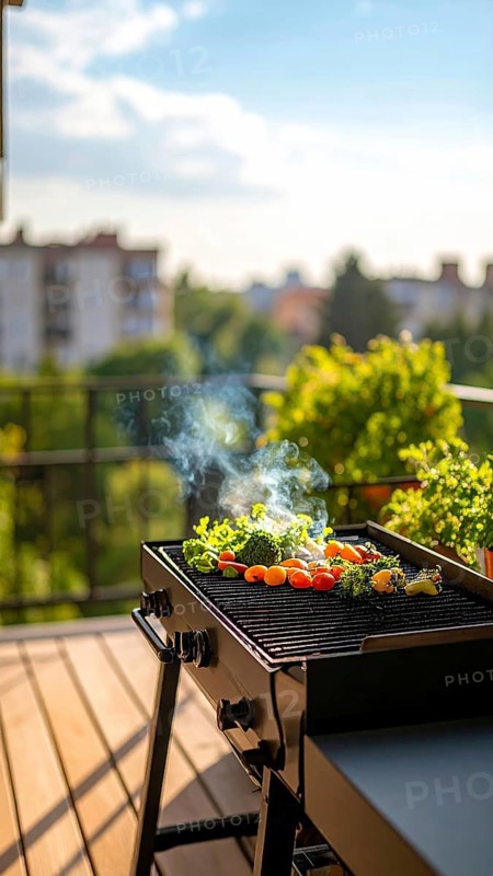 Cooking vegetables on grill on the balcony, healthy lifestyle, vegetarian barbeque, leisure time in summer, suburban setting with blurred background, soft golden light of evening, blue sky, AI generated