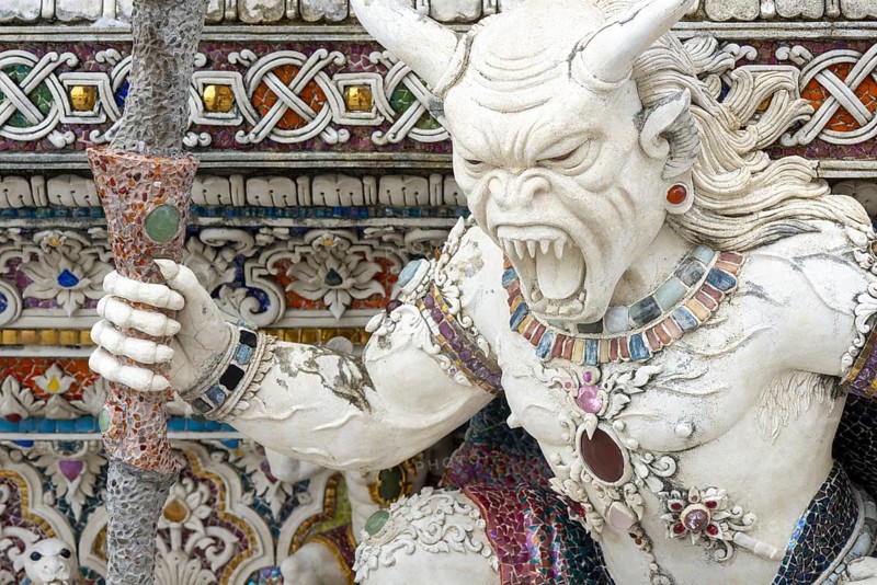 Decorative elements with pop culture references (for example comics, superheroes) in the stucco and porcelain vases outside and inside the art hall with modern art trends such as minimalism and abstraction, Wat Pariwat, Yan Nawa district, Bangkok, Thailand