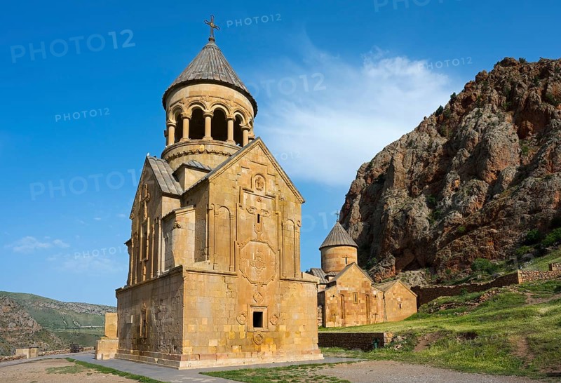 Stone church with dome in impressive mountain landscape, Noravank monastery, Surb Astvatsatsin mausoleum church and Surb Karapet baptism church, Noravank, Vayots Dzor province, Wajoz Dzor, Armenia, Caucasus