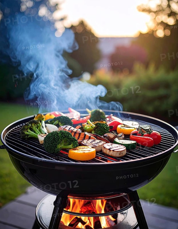 Cooking vegetables on grill outdoors, healthy lifestyle with healthy food, close up of grill with blurred background, soft golden light, picnic in the green park or garden, no people, AI generated